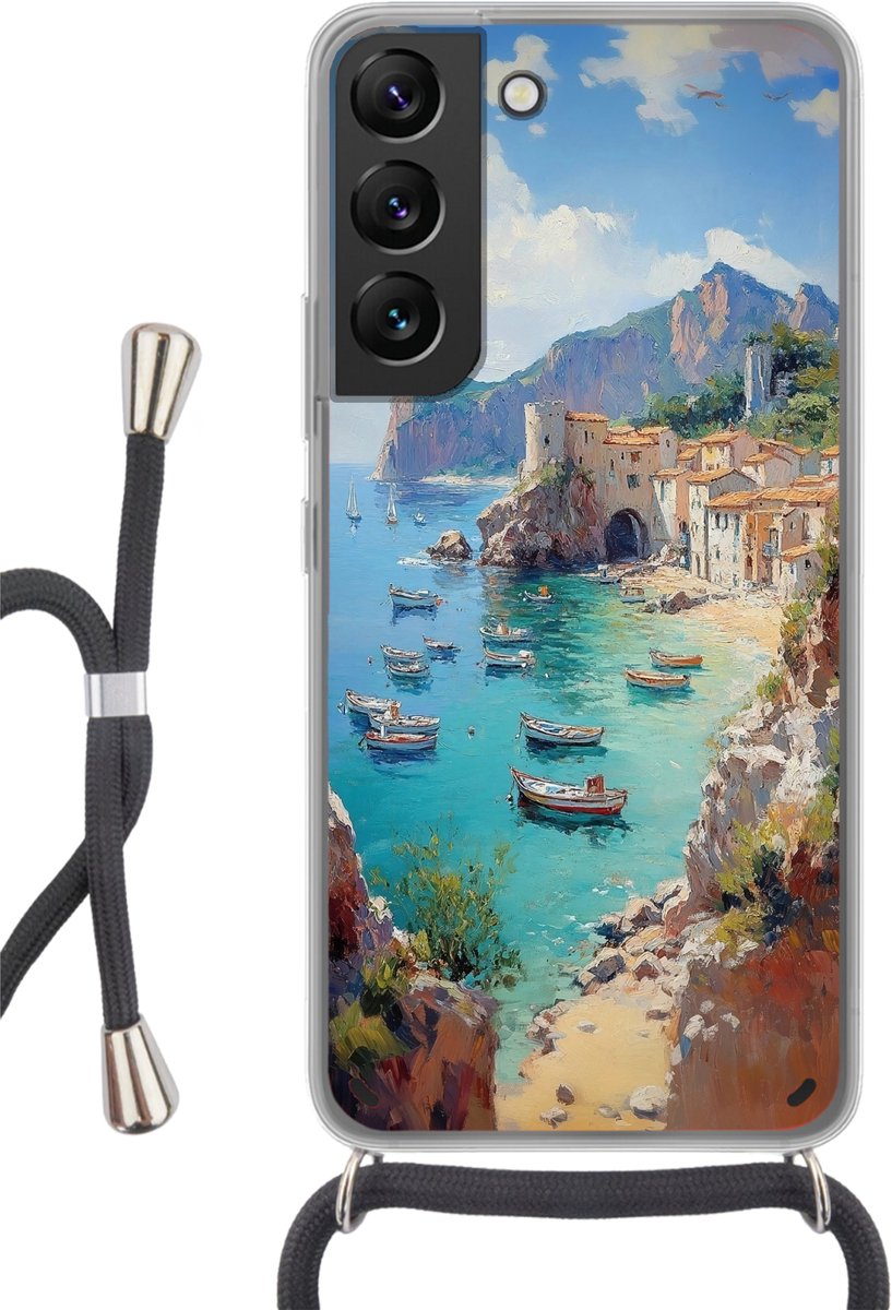 Telefoonhoesje Geschikt voor Samsung Galaxy S22 - Kustdorp - Schilderij - Rotsen - Boten - Siliconen - Crossbody - Backcover met Koord - Telefoonhoesje met koord - Hoesje met touw Telefoonhoesje