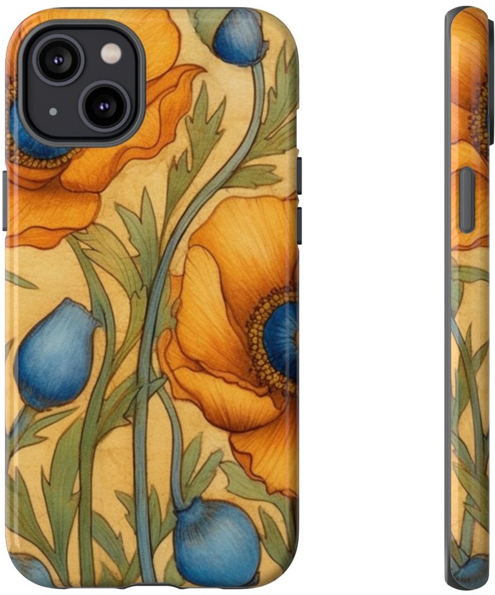 Gouden Klaprozen met Blauwe Harten – Telefoonhoesje Geschikt voor iPhone 14 Plus
