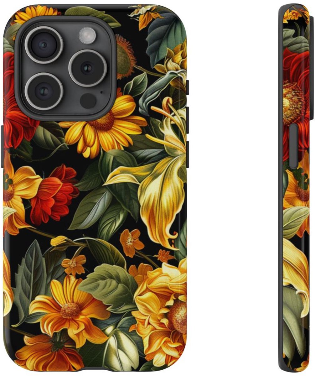 Vrolijk Gele en Rode Bloemenprint – Telefoonhoesje Geschikt voor iPhone 15 Pro