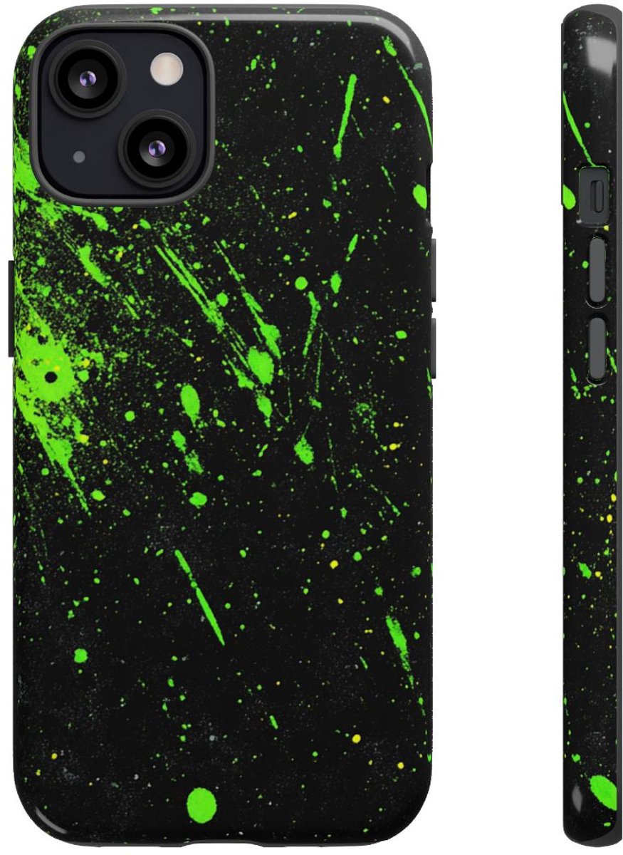 Neon Groene Spetters op Zwarte Achtergrond – Telefoonhoesje Geschikt voor iPhone 13