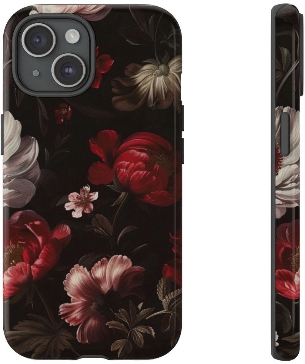 Donker Bloemmotief met Glans – Telefoonhoesje Geschikt voor iPhone 15