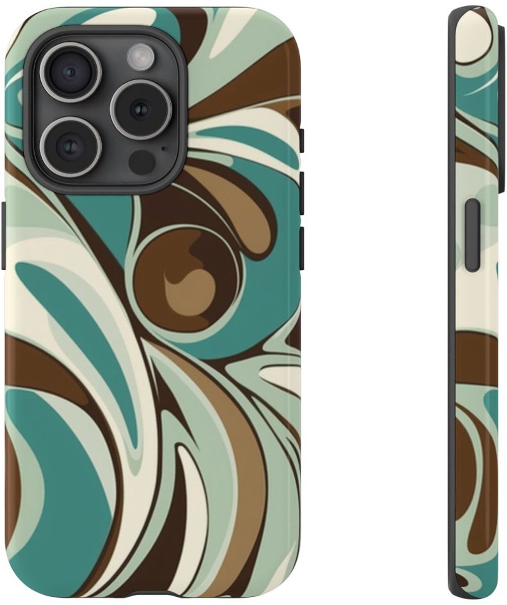 Abstracte Swirl in Teal en Bruin – Telefoonhoesje Geschikt voor iPhone 15 Pro