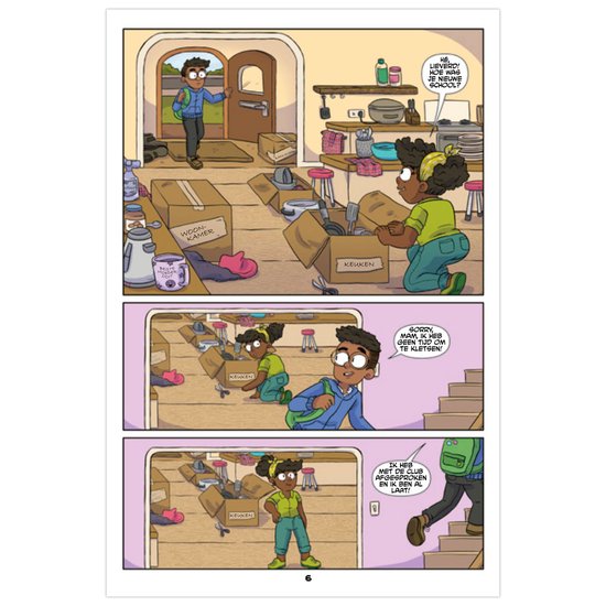 Drie panels van een stripboek: een jongen komt thuis in een huis vol verhuisdozen, hij praat met een meisje en gaat dan naar boven.