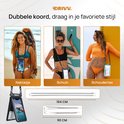 DRIVV telefoonhoes gedragen als nektas, schoudertas en crossbody. Toont lengtes van koorden.