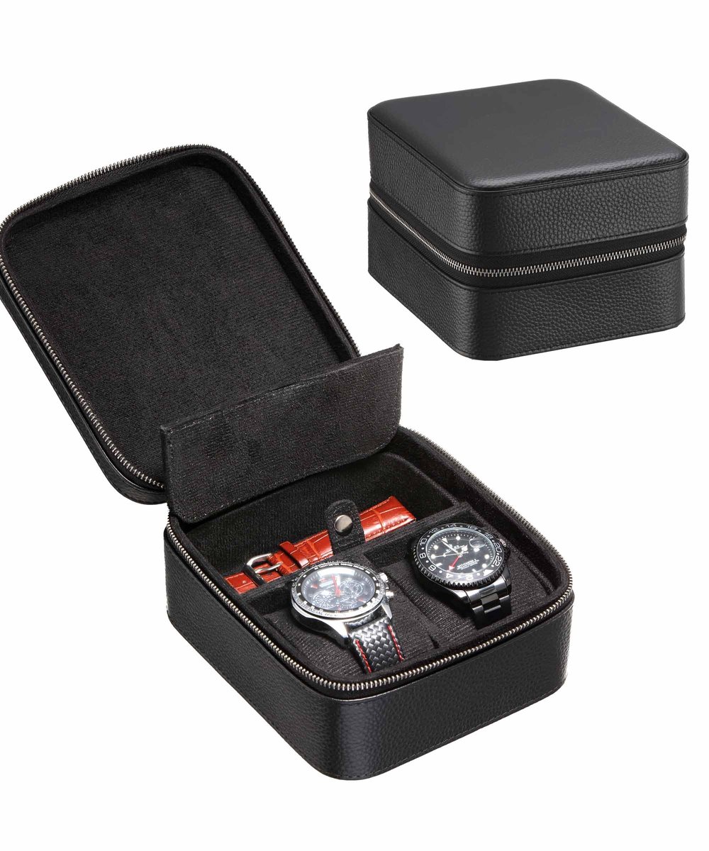 SYENS 2 Horloge Reiskoffer met Accessoirevak, Horlogerol van Topnerf Leer voor Heren | Robuuste, Draagbare Beschermende Ritssluiting, Past op Alle Horloges en Smartwatches tot 60 mm (2+1GR)
