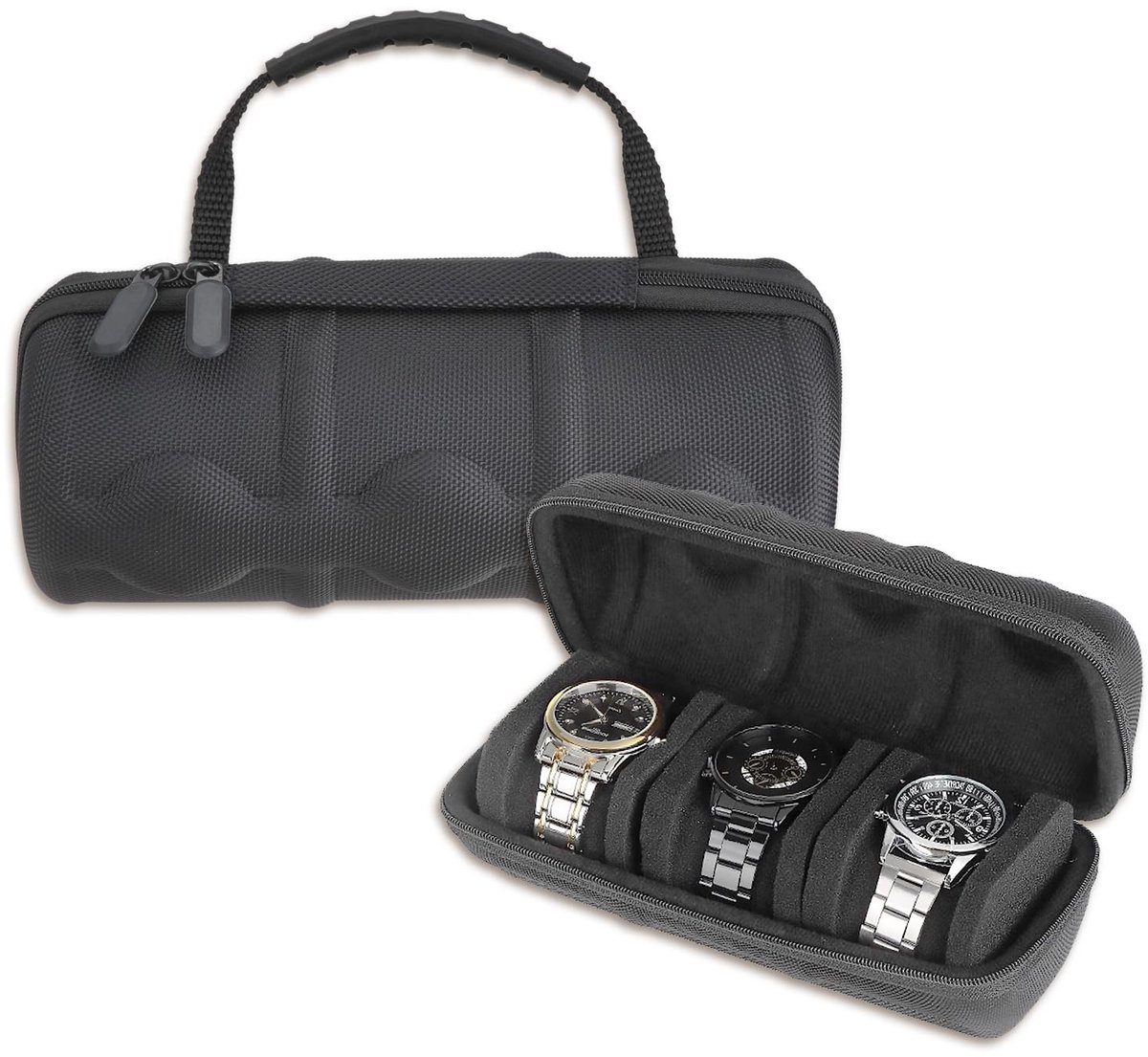 JUMRHFAN Harde reiskoffer met 3 compartimenten, opbergruimte voor horloges met ritssluiting en organizer voor mannen en vrouwen, met anti-bewegingskussen voor horloges (zwart)