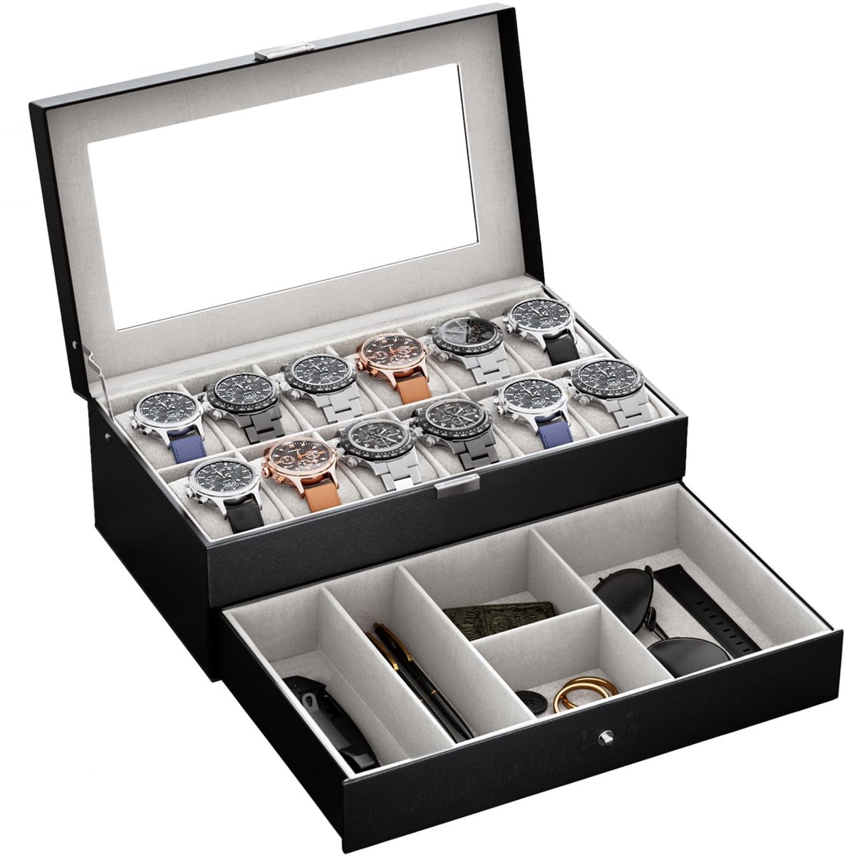 ProCase Horlogebox met 12 compartimenten, Horlogekast met glazen deksel, 2 niveaus, Horlogekast met uitneembare horlogekussentjes, Horlogebox voor sieraden, ringen, armbanden en kettingen - Zwart
