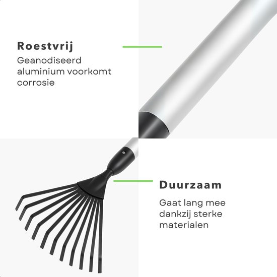 Cheqo® Telescopische Tuinhark – Verstelbare Bladhark met Uitschuifbare Steel – Aluminium & Koolstofstaal – Corrosievrij Tuingereedschap – Lichtgewicht Hark voor Tuin en Gazon – Stevige Telescopische Handgreep — afbeelding 3