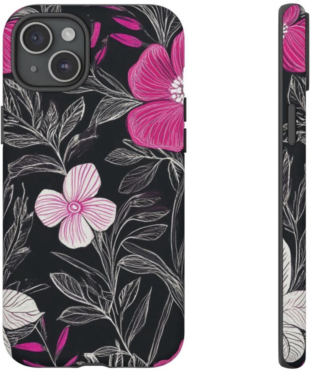 Roze en Witte Bloemenprint – Telefoonhoesje Geschikt voor iPhone 15 Plus
