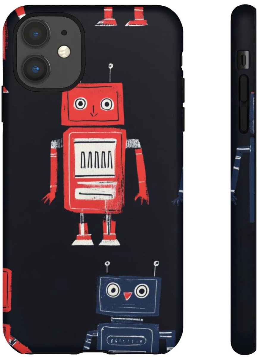 Retro Robotpatroon in Rood en Blauw – Telefoonhoesje Geschikt voor iPhone 11