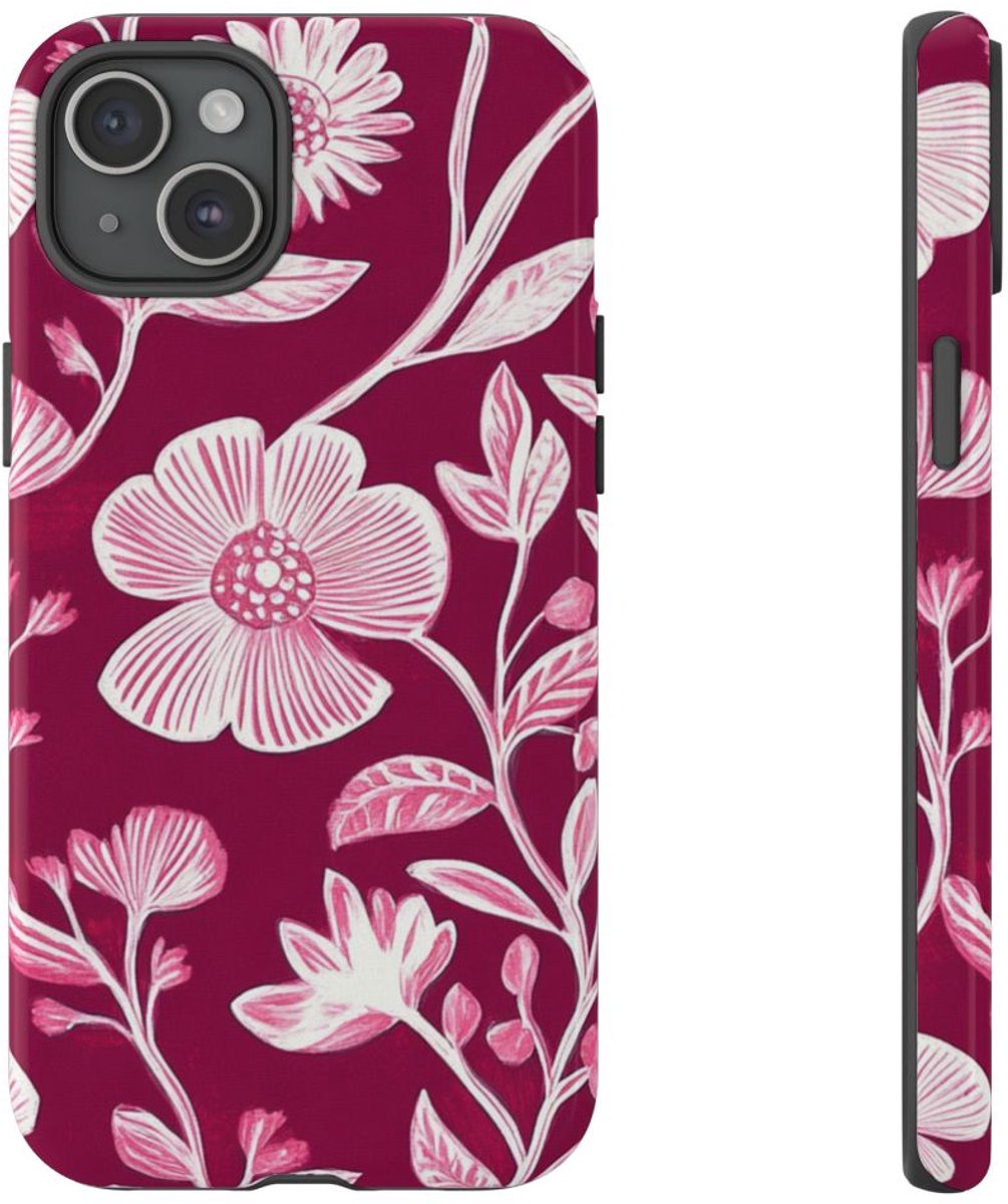 Roze en Witte Bloemenprint – Telefoonhoesje Geschikt voor iPhone 15 Plus