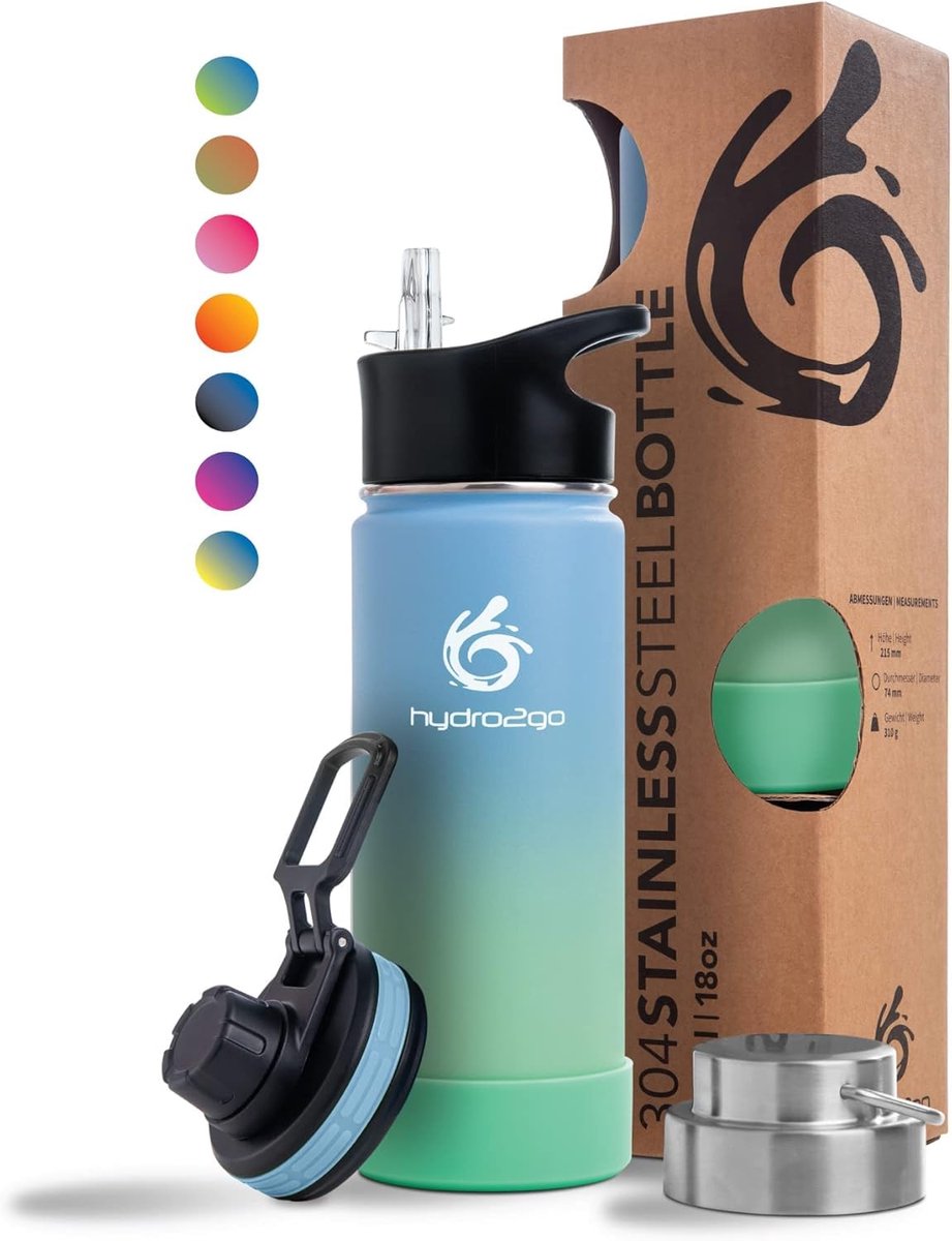 hydro2go RVS Drinkfles 530 ml – 12u warm / 24u koud – 3 doppen – Lagoon