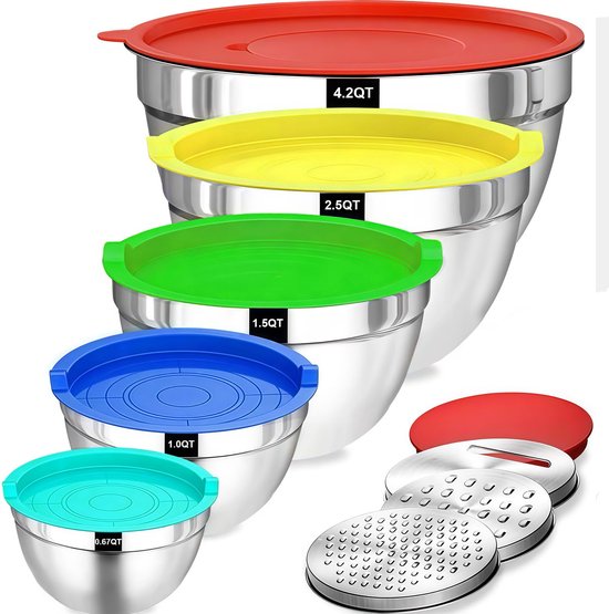 Set de 5 bols mélangeurs en acier inoxydable Ibenzoa® avec couvercle et accessoires de découpe pour la Cuisine et la pâtisserie