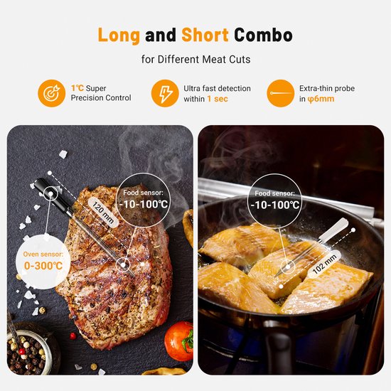 Collage van een thermometer die in een steak en in zalmfilets in een pan wordt gestoken.