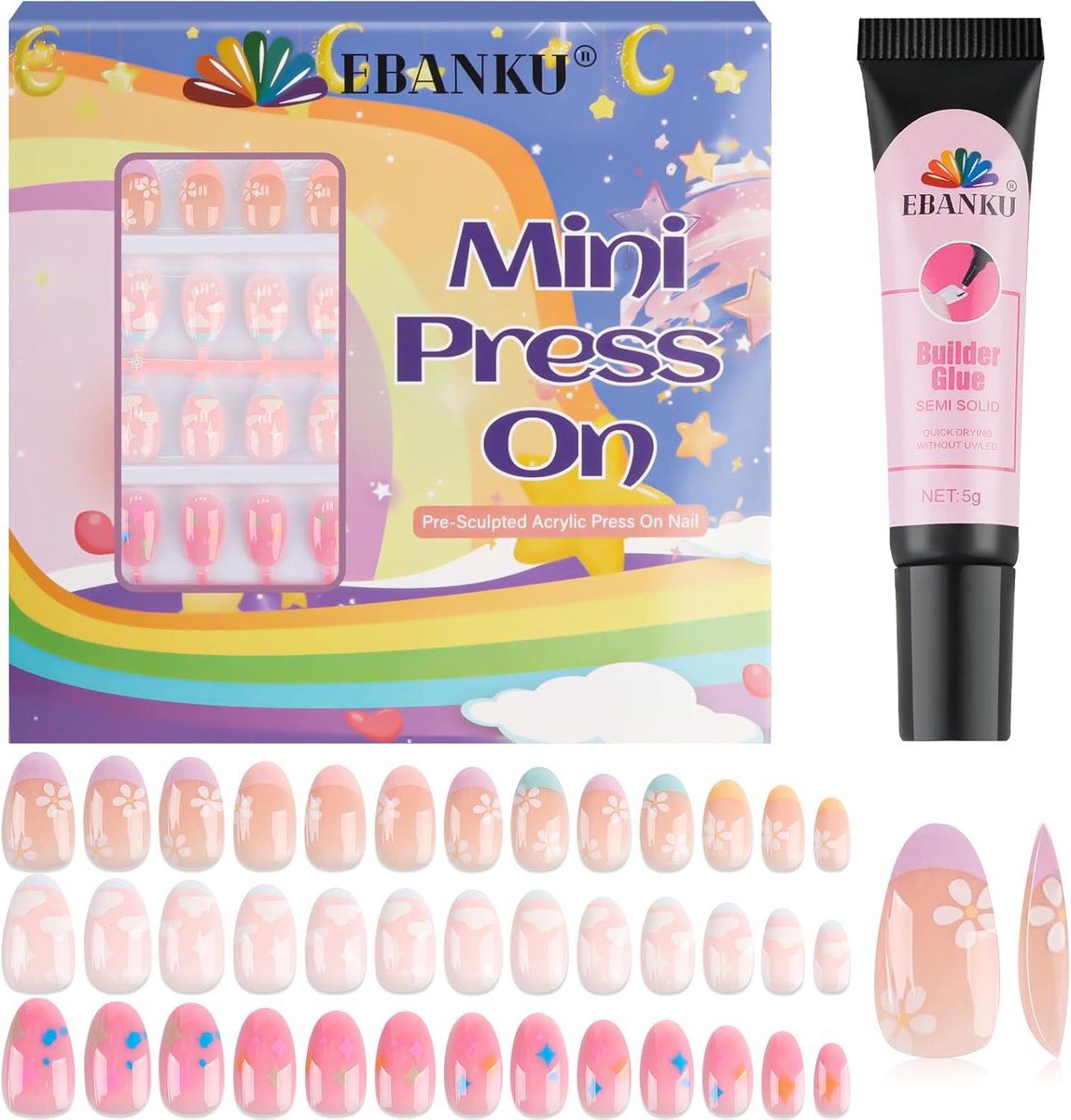 EBANKU 3 pieces children's nails printing, no UV light required, glue, 78 pieces press on