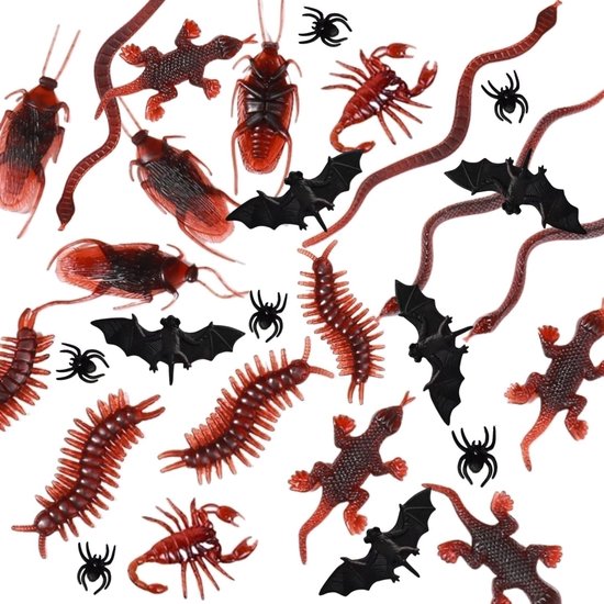 54 Stukken Plastic Realistische Insecten - Plastic Insecten Halloween - Kakkerlakken Spinnen Schorpioenen Rat Geckos Duizendpoten Vliegen Vleermuizen voor Halloween Scary Decoratie Benodigdheden