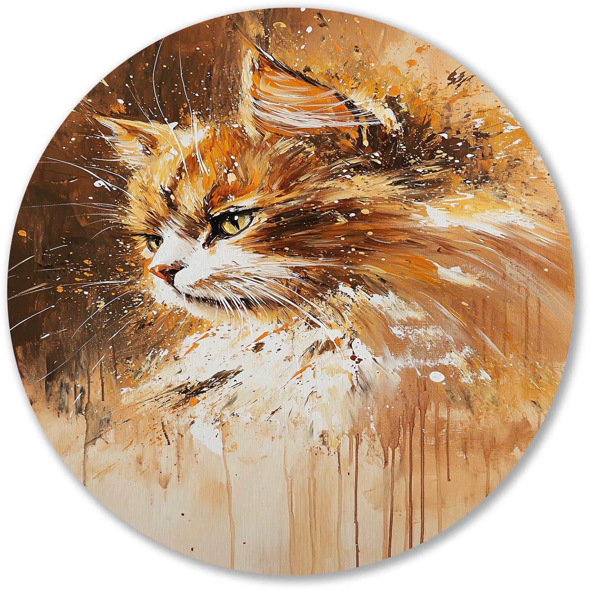 Expressief kattenportret met verf - Kat wandcirkels - Ronde wanddecoratie dieren - Expressionisme - Forex cirkels aan de muur - Wooninrichting met schilderijen - muurcirkel forex 80x80 cm