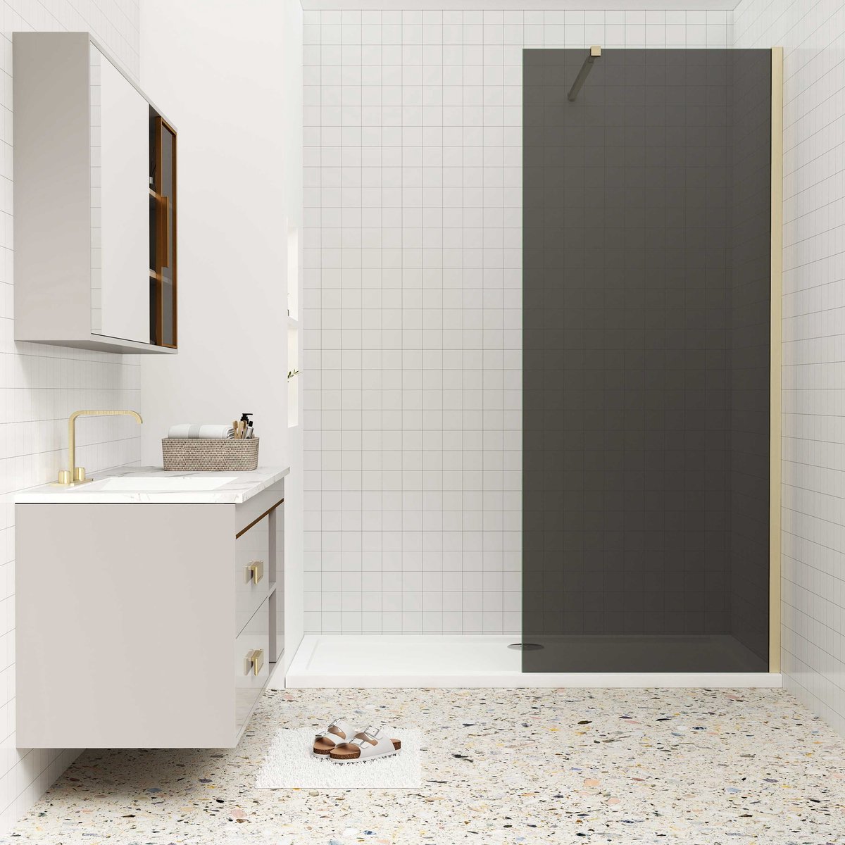 Inloopdouche 100x200cm met zwart folie,10mm NANO EasyClean veiligheidsglas,73-120cm Stabilisatiestang,gouden profiel.