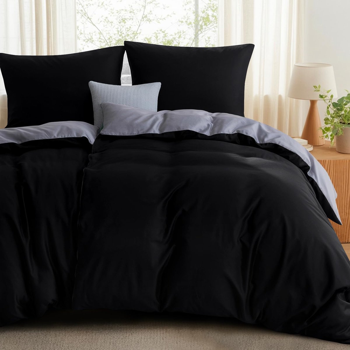 Ibenzoa® Beddengoedset van ademend katoen met omkeerbare tweekleurige dekbedovertrekken en ritssluiting