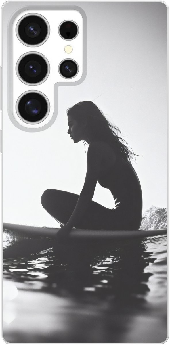 Telefoonhoesje Geschikt voor Samsung Galaxy S25 Ultra hoesje - Silhouet - Vrouw - Surfplank - Water - Siliconen Telefoonhoesje Telefoonhoesje