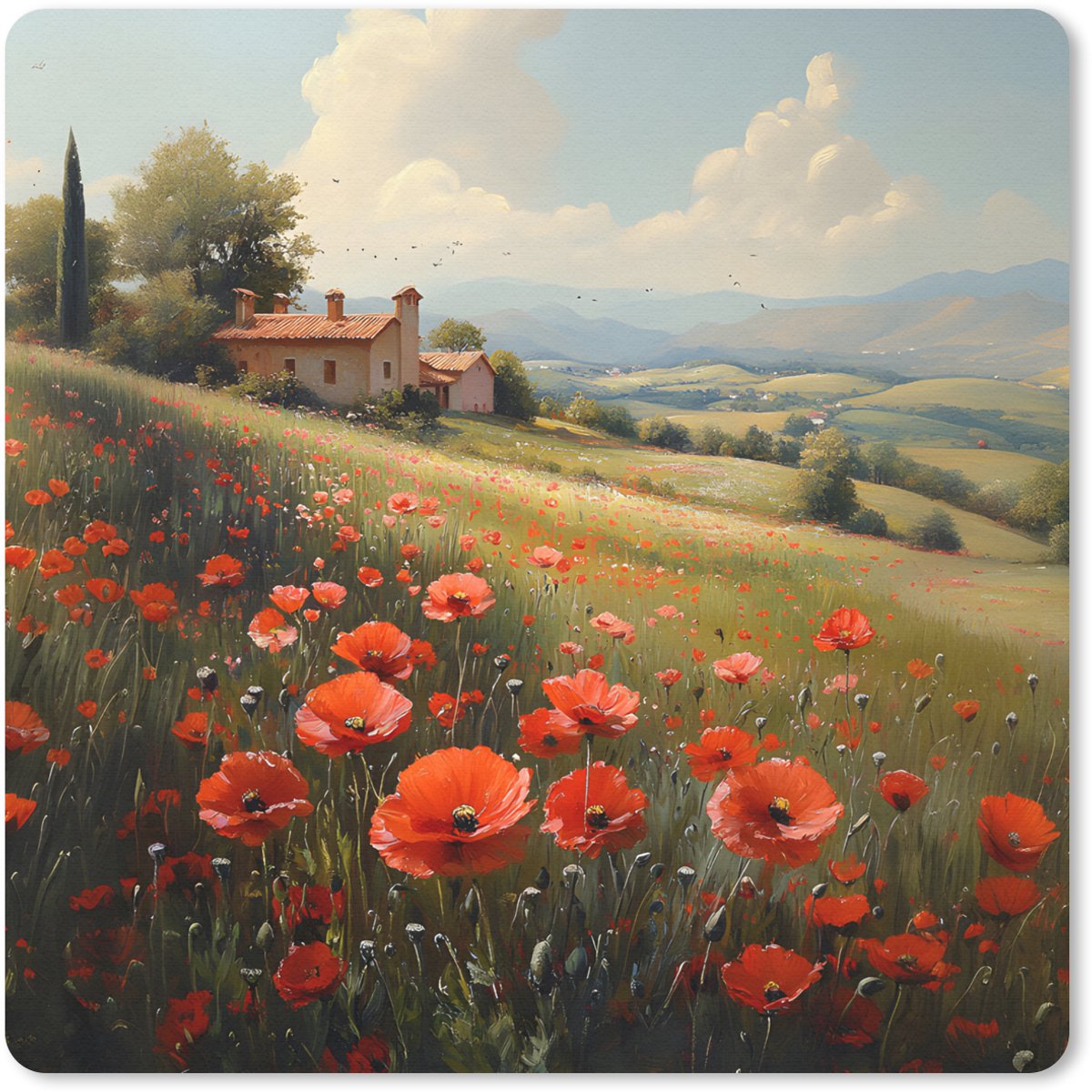 Muismat 20x20 cm - Mousepad Klaprozen - Rood - Heuvels - Landschap - Muismatten