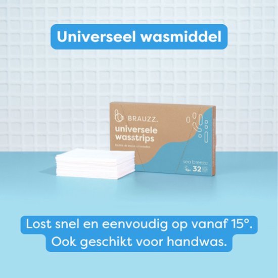 BRAUZZ. universele wasstrips, 32 stuks 'sea breeze'. Lossen snel op vanaf 15°. Ook geschikt voor handwas.