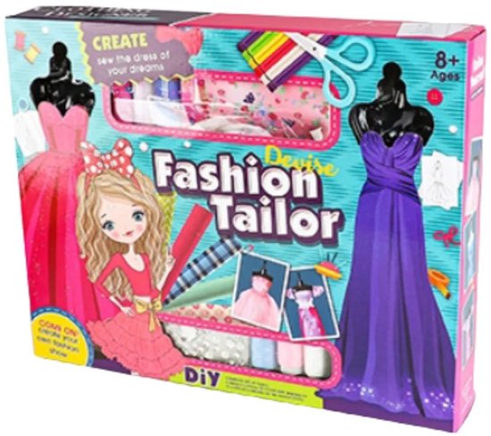 DIY Mode Ontwerpset voor Kinderen – Creatieve Fashion Tailor Set met 5 Stoffen, Poppenstandaards & Accessoires – Naai je Eigen Jurken – 8+ Jaar
