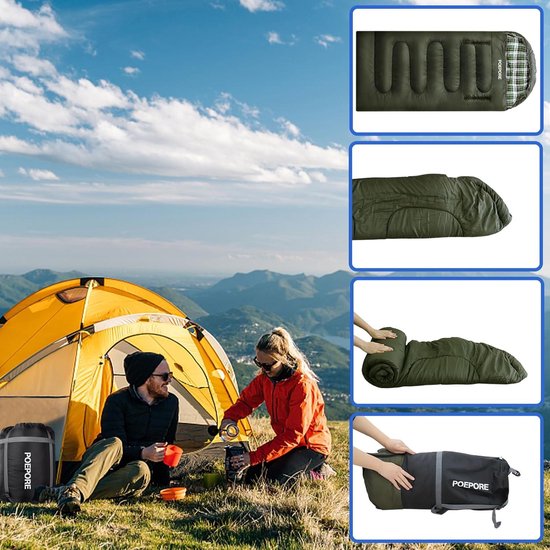Katoenen flanellen slaapzak met kussen - lichtgewicht 3-4 seizoenen voor volwassenen enkele XL - warm en draagbaar - waterdicht voor zomer camping en wandelen - inclusief compressiezak - olijfgroen — afbeelding 2