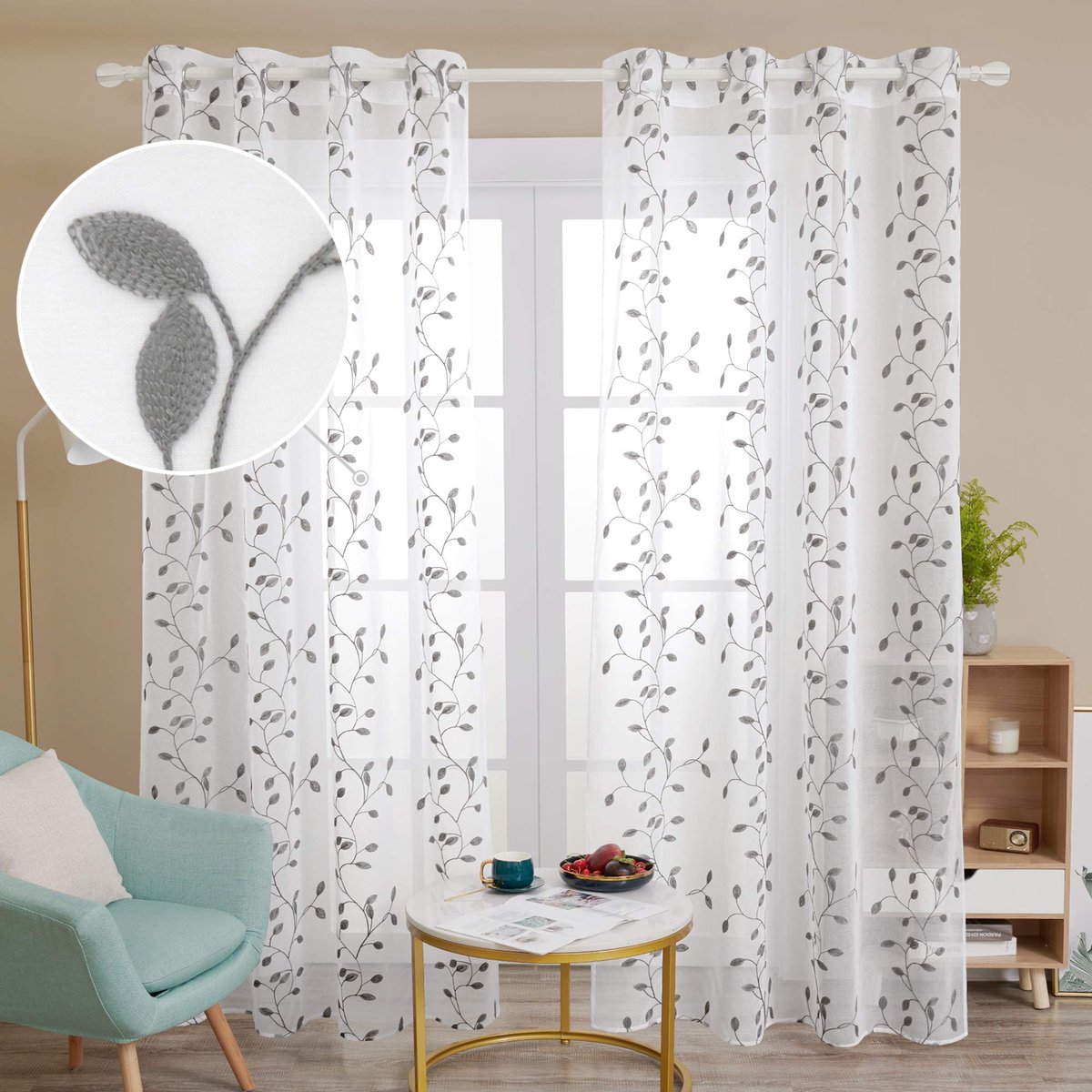 Ibenzoa Elegante Set van Twee Geborduurde Semi-Transparante Gordijnen voor Stijlvolle Interieurs wit