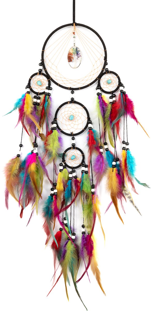 KIMU® Dromenvanger Regenboog - Gekleurde Dreamcatcher Veren - Bohemian Ibiza Kinderen Boho Babykamer Buiten Kado Meisjeskamer Veertjes Festival