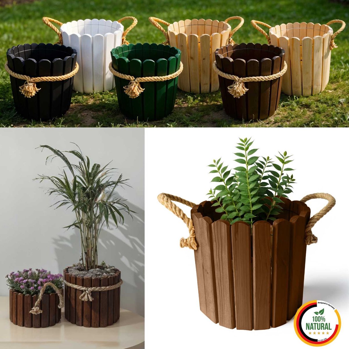 Floranica ronde bloempot 20 x 33 cm van grenenhout, plantenpot, bloembak, kruidenpot voor huis en tuin, voor binnen- en buitengebruik, bruin