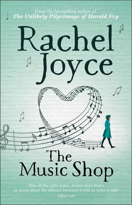 Livre "The Music Shop" de Rachel Joyce, avec une ligne de notes de musique en forme de cœur.