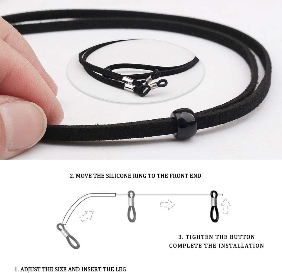 GERNEO® - Milaand Gevlochten leren brillenband - Unisex PU brillenkoord voor zonnebrillen en leesbrillen - houders antracietgrijs, 2 x Mythos zwart, One Size