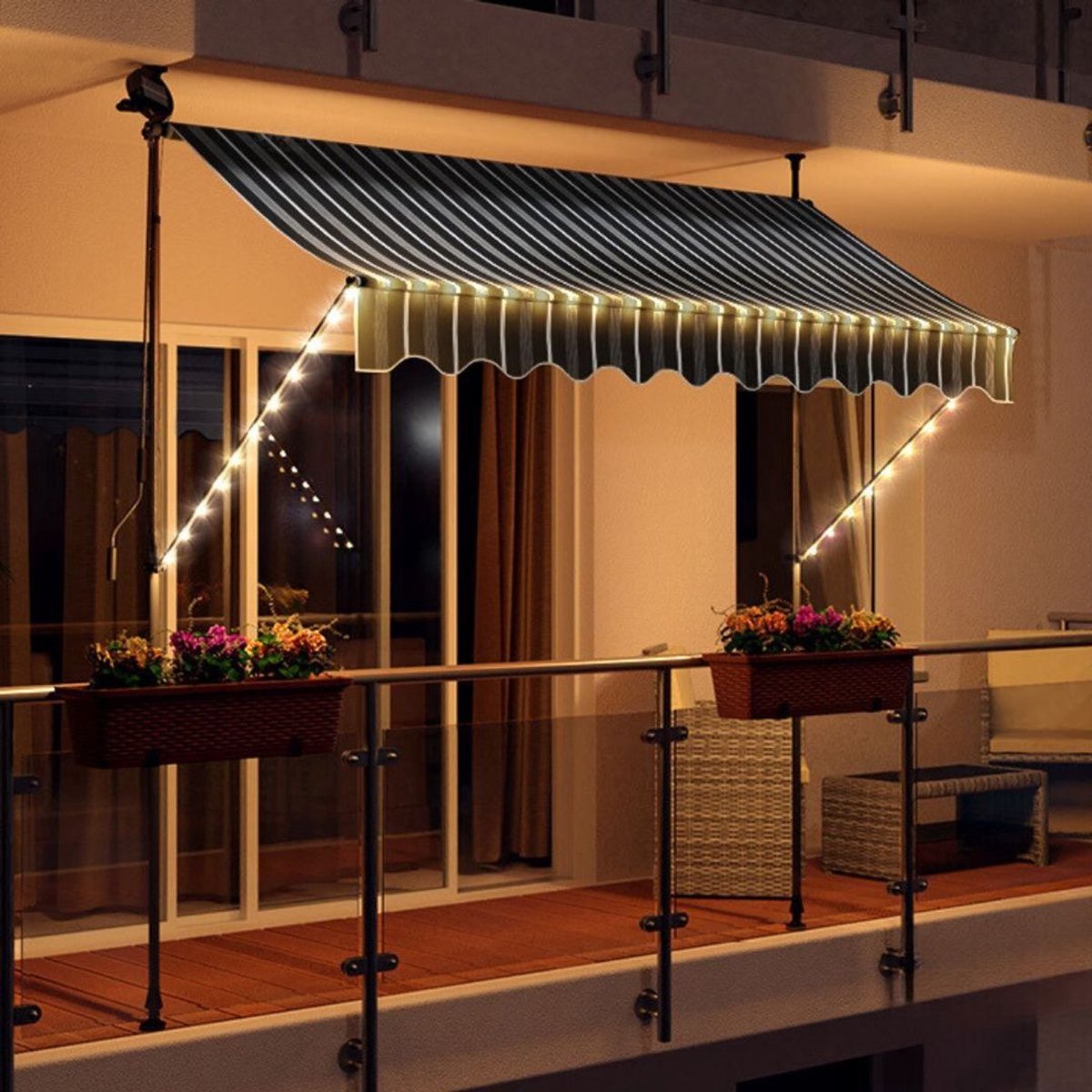 Yolo-deals - Klemluifel met LED verlichting - Solar - 200cm - UV bestendig - Grijs/Gestreept