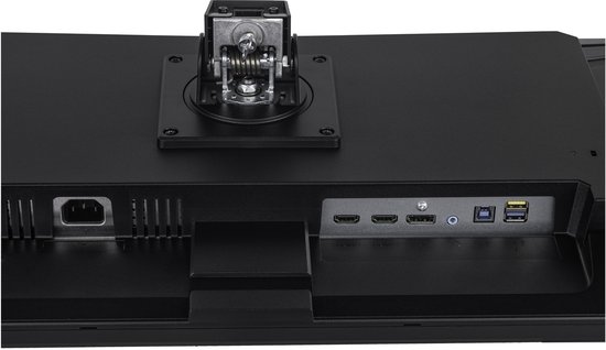 Achterkant van een zwarte monitor met diverse aansluitingen zoals HDMI, DisplayPort en USB. Inclusief stroomaansluiting.