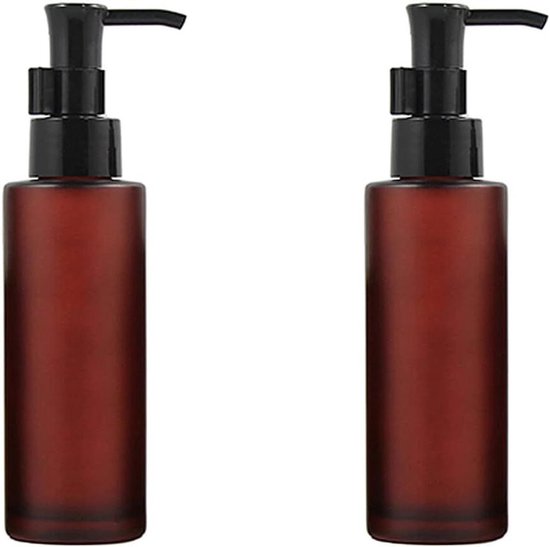 Flacons pompe en verre dépoli pour produits de toilette - Set de 2 avec Pompes noires - Lotion, huile essentielle, démaquillant, Shampooing - 100 ml - Rouge vin