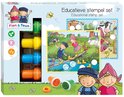 Gedetailleerde voorkant van de 'Educatieve stempel set' met Fien & Teun, boerderijdieren, vier stempels en een uitleg van de inhoud.