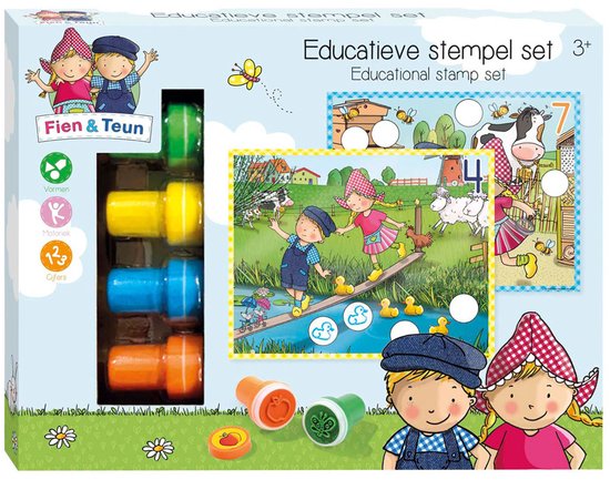 Gedetailleerde voorkant van de 'Educatieve stempel set' met Fien & Teun, boerderijdieren, vier stempels en een uitleg van de inhoud.