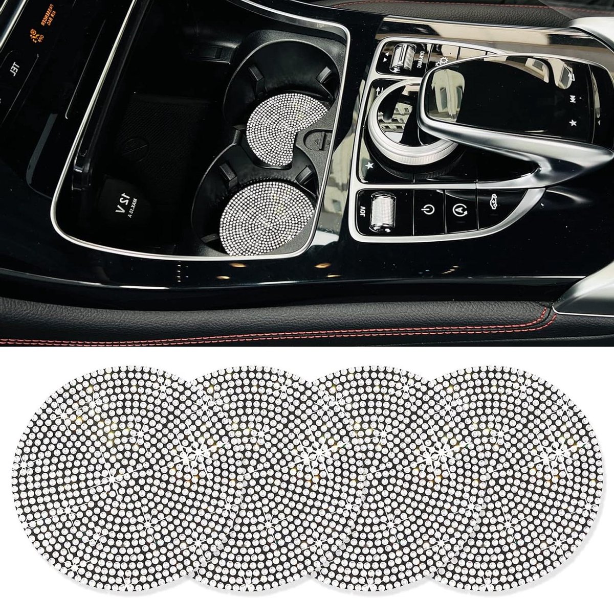 Auto Cup Houder Coaster Set van 4 - Anti-Skid & Shockproof - Universele Auto Accessoires met Kristal Strass - Voor Auto Interieur - Zwart