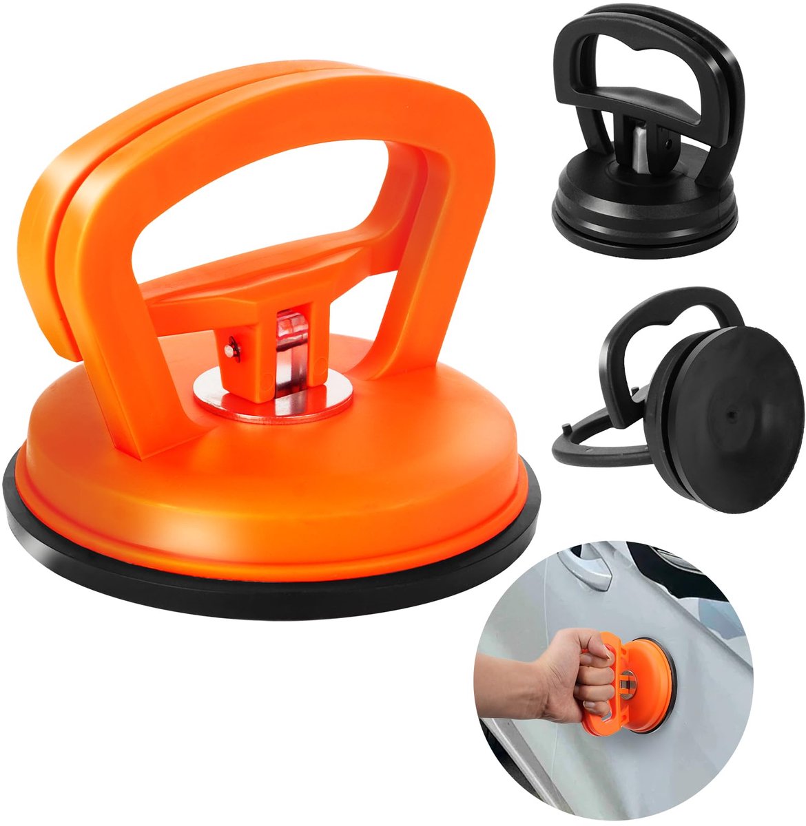 3 Stuks Vacuüm Zuignap Deukentrekker - Met Aluminium Handgreep - Voor Auto, Telefoon, Glasplaten en Laptop - 1 Oranje, 2 Zwart