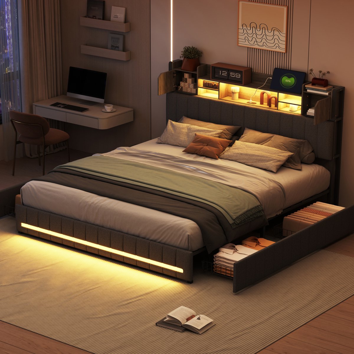 Tweepersoonsbed 160x200 cm, grijs linnen, met 4 laden, USB-poort, lattenbodem en LED-verlichting