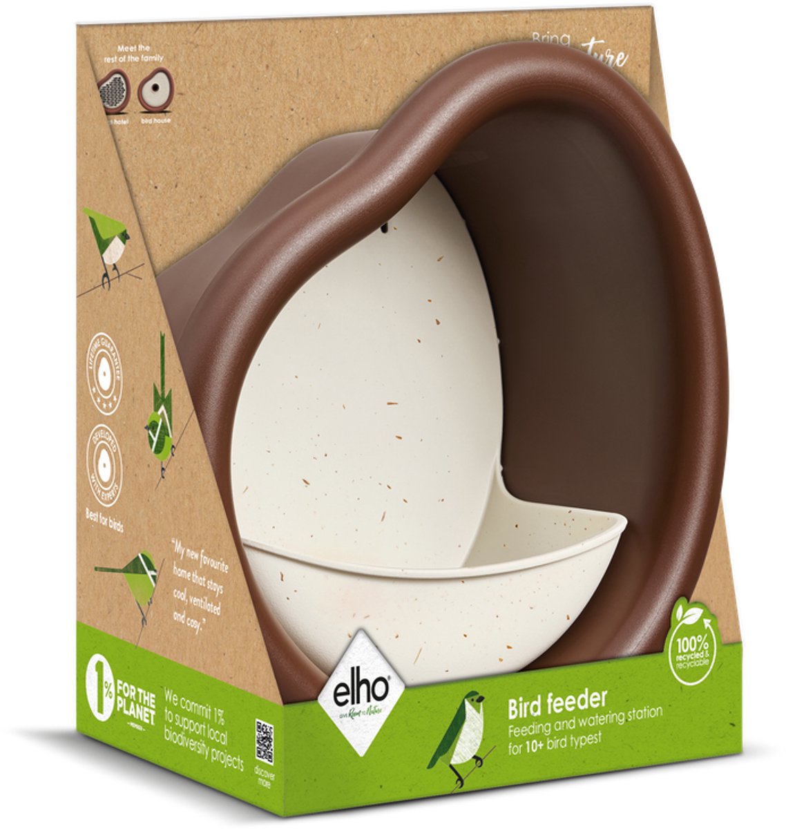 Elho Organic Bird Feeder 25cm - Vogelvoederhuisje en Vogelbadje - 100% Gerecycled Plastic - L27.4 x B16.8 x H25.4 cm - Kastanje bruin