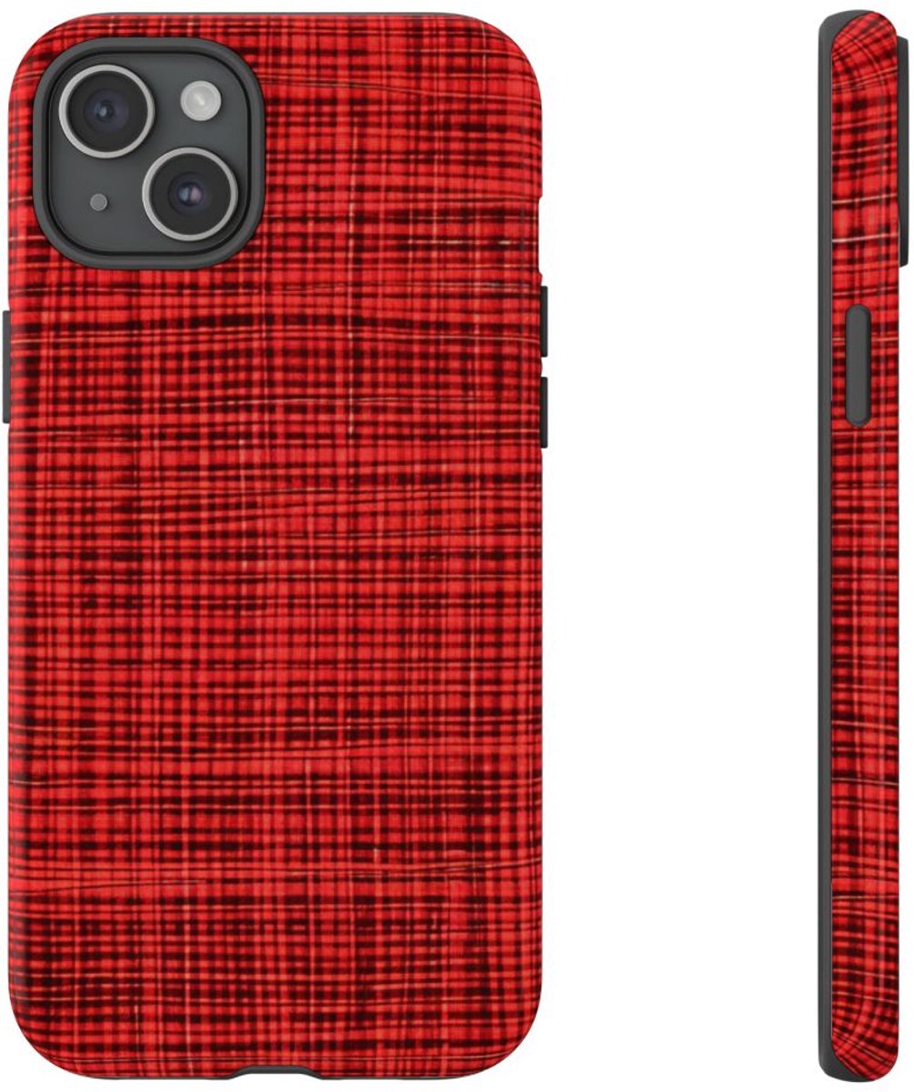 Rood Geruit Textielpatroon – Telefoonhoesje Geschikt voor iPhone 15 Plus