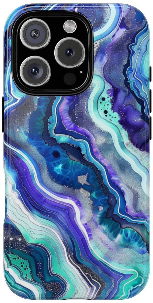 Blauw en Turquoise Geode Wervelpatroon – Telefoonhoesje Geschikt voor iPhone 16 Pro