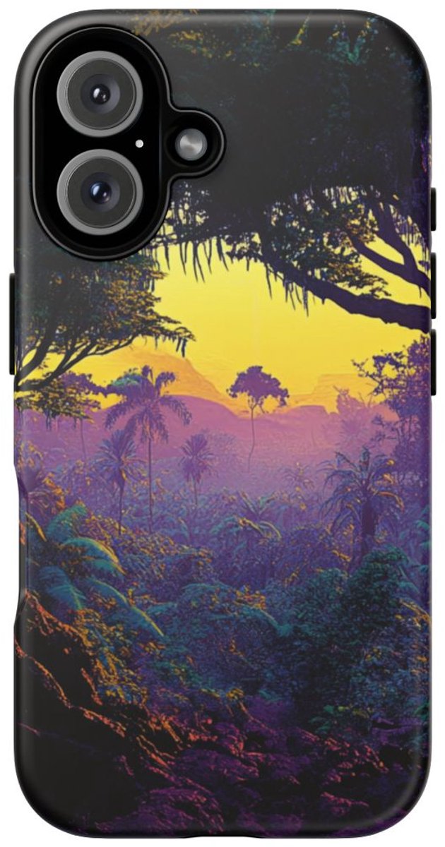 Surrealistische Jungle Zonsondergang – Telefoonhoesje Geschikt voor iPhone 16