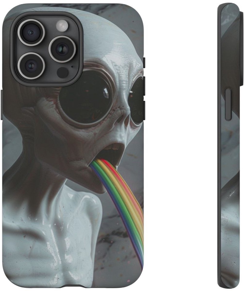 Grijze Alien met Regenboogstraal – Telefoonhoesje Geschikt voor iPhone 15 Pro Max