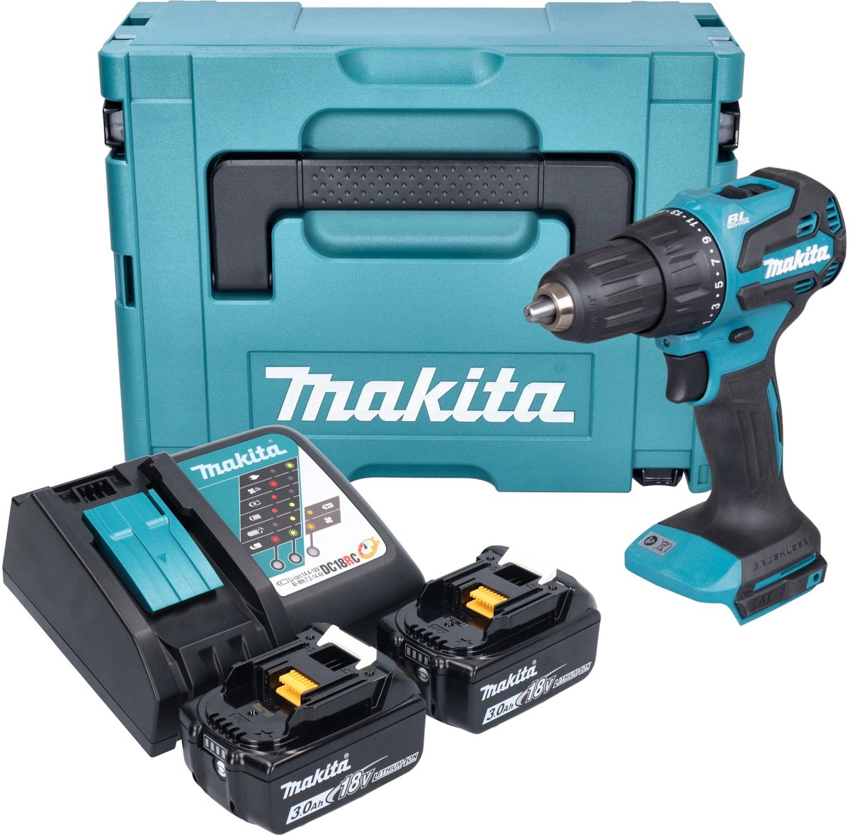 Makita DHP 490 RFJ accu klopboormachine 18 V 65 Nm borstelloos + 2x accu 3.0 Ah + lader + Makpac