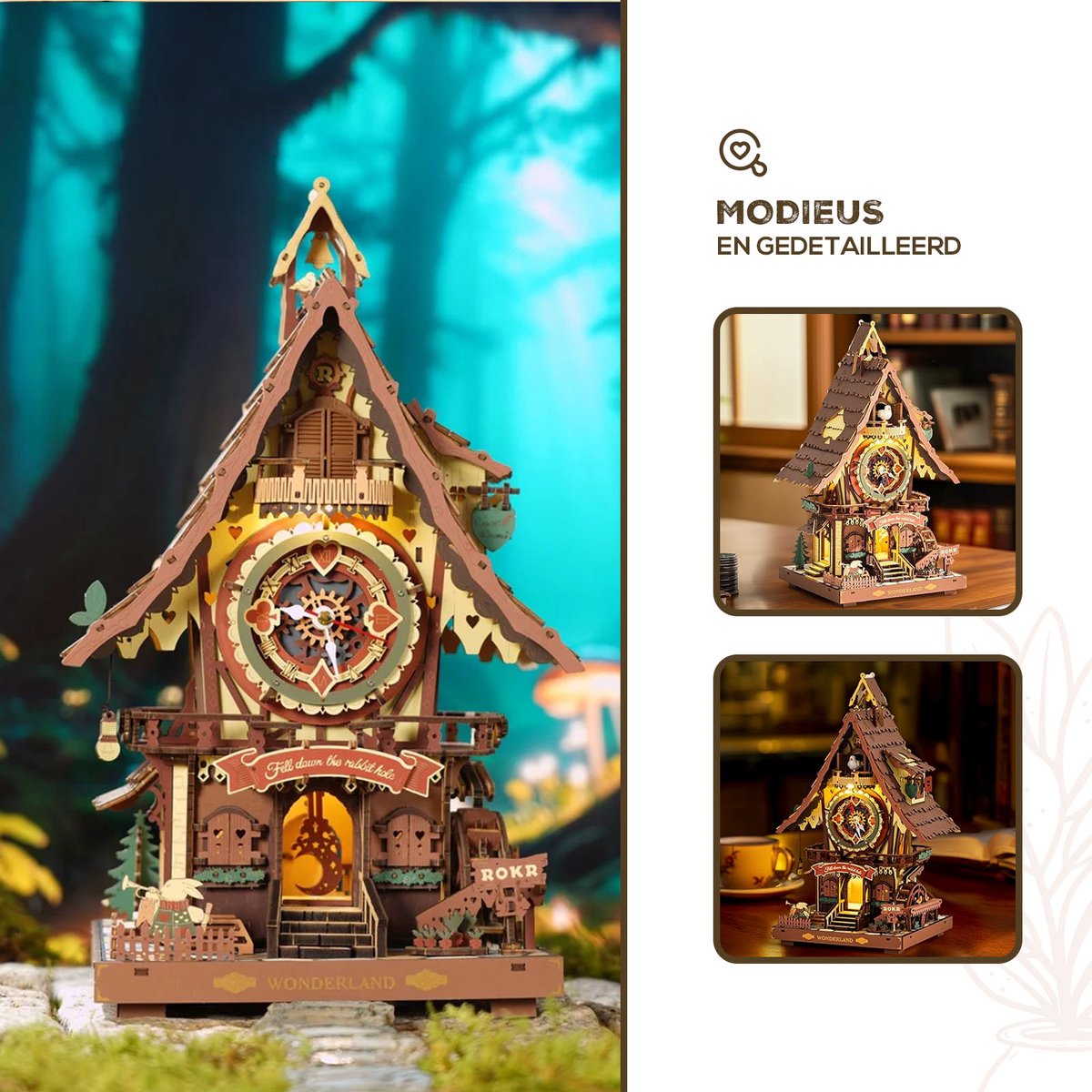 ROBOTIME 3D Wooden Puzzles for Adults-Cuckoo Clock Wooden Models for Adults to Build-435 Piece Model Kit with 2 Lights-Gift for Craft Enthusiast Model Building Set (Colourful) — afbeelding 6