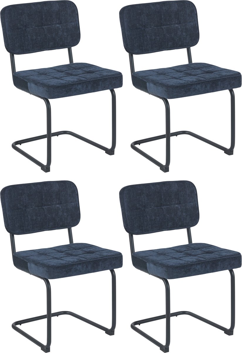 Colenis Buisframe Stoel Kita - Eetkamerstoel - Set van 4 - Donkerblauw - Chenille Stof - Metalen Frame - Industrieel Design