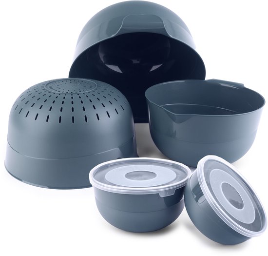 Foto: Kadax 5 delige kommenset met deksel slakommen plastic kommen voor het bewaren van gerechten fruitschalen stapelbare serveerschalen mengkommen donkergrijs 